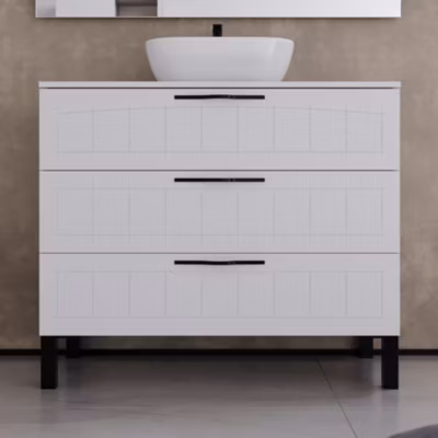 Meuble de salle de bain 100cm avec plateau et vasque à poser ovale – 3 tiroirs – sans miroir – blanc – CALA