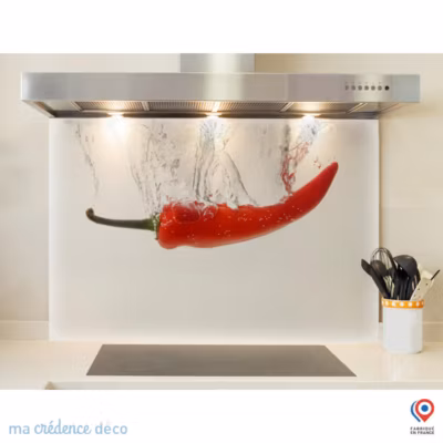 Crédence cuisine fond de hotte Bain de Piment fond blanc – Verre trempé – L 90 cm x H 60 cm – MaCrédenceDéco