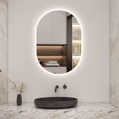 Miroir de salle de bain ovale 50×90 cm, anti-buée + mémoire + dimmable, AICA SANITAIRE