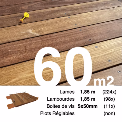 Kit terrasse bois exotique CUMARU pour 60 m², Lames 1,85 m, lambourdes 1,85 m et visserie Inox.