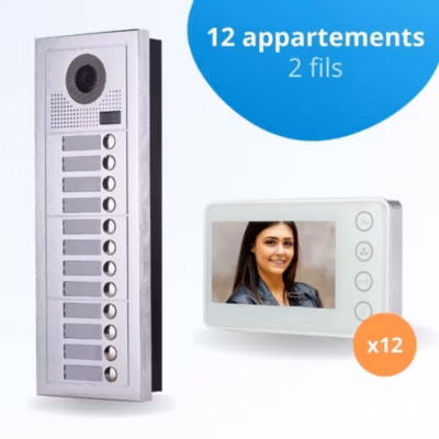 portier interphone vidéo modern 2 fils – 12 appartements – 12 écrans blancs