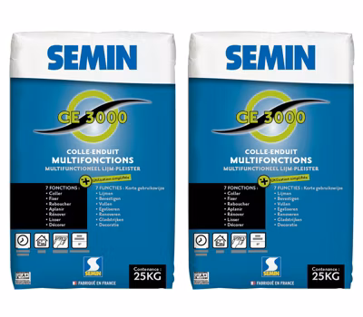 Enduit Multifonctions CE 3000 Semin pour Coller, Fixer, Reboucher, Aplanir, Lisser et Décorer, Intérieur, Sac de 25 kg (lot de 2)