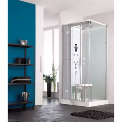 Cabine de douche hydromassante KINEDO HORIZON 90×90 hauteur receveur 12,5cm 1 porte pivotante finition acier