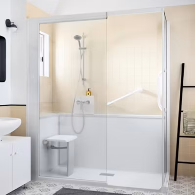 Cabine de douche Kinedo Kinemagic Sérénité 140×70 habillage toute hauteur 1 coulissant verre transparent avec mitigeur