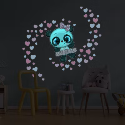 Sticker phosphorescent lumineux – PANDA BALLERINE ET 70 CŒURS – Autocollant mural plafond enfant fluorescent – 90x90cm