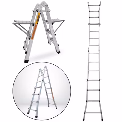 Échelle articulée pliante et télescopique en aluminium 4×4 marches 3,88m + 2 tablettes