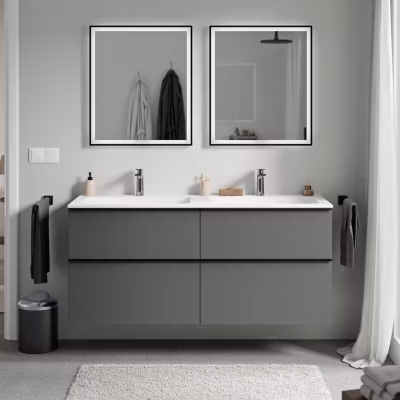 Meuble vasque suspendu MDF Anthracite mat, lavabo fonte Blanc mat + trou robinet, poignée Chrome – 120x46x62cm – LAVOA