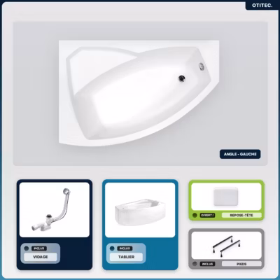Baignoire asymétrique – 140 x 90 cm – Gauche – avec Tablier – Pieds – Repose-tête – Vidage Chrome – RIMA