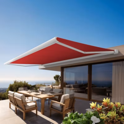 Store banne Coffre intégral PROTECT 2 Blanc 4,05×3,50m Motorisé à télécommande – Toile Rouge