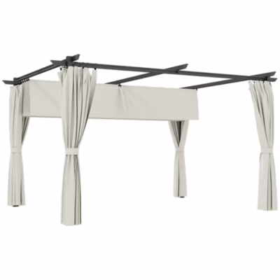 Pergola 3 x 4 m toile toit rétractable 4 rideaux ajustables métal noir polyester haute densité 180g/m² crème