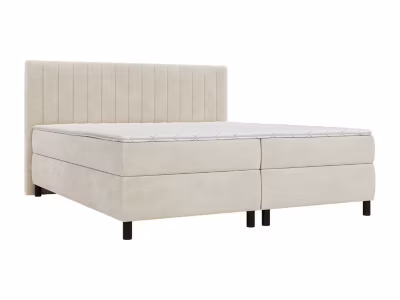 Ensemble complet boxspring tête de lit coutures verticales + sommier + matelas + surmatelas – 2 x 80 x 200 cm – Velours – Beige –