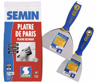 Plâtre de Paris Semin – Poudre – Sac de 5 kg – Couteaux à Enduire Multifonctions – 10 cm et 15 cm