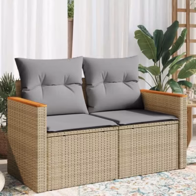 vidaXL Canapé de jardin avec coussins 2 places beige résine tressée 366109