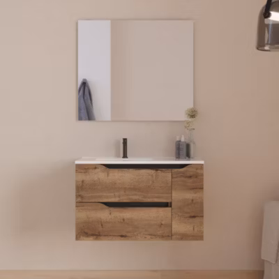Meuble de salle de bain 80cm avec vasque  à gauche et miroir – 2 tiroirs et 1 placard – tabaco – ZARZA