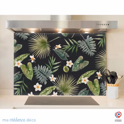 Crédence cuisine fond de hotte feuilles tropicales et aquarelle – Verre trempé – L 60 cm x H 45 cm – MaCrédenceDéco