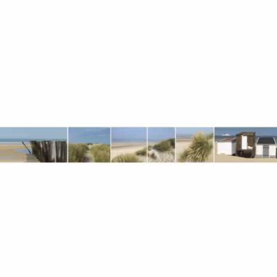 Frise adhésive décorative autocollante, 15 cm X 300 cm, thème bord de mer: cabanes, dunes, sable, mer, digue.