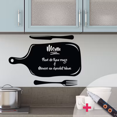 Sticker ardoise tableau noir – stickers muraux adhésif effaçable – PLANCHE ET LES COUVERTS + CRAIE LIQUIDE BLANCHE – 75x115cm