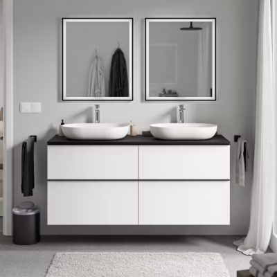 Meuble sous vasque suspendu MDF Blanc mat, plan vasque & poignée Noir mat – 120x46x62cm – LAVOA