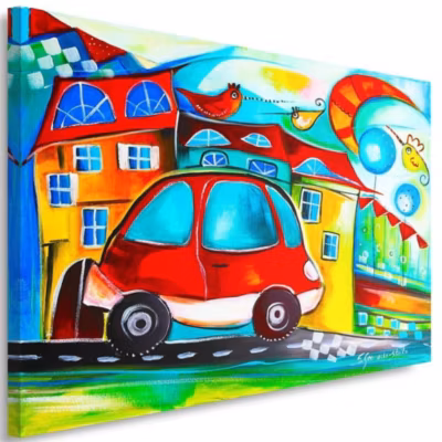 Tableau sur toile, Ville colorée Voiture rouge 100×70 cm