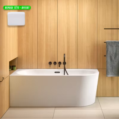 Baignoire d&rsquo;angle Blanc + Siphon Doré et Vidage inclus + Repose tête  –  AVITA S CLASSE – GAUCHE – 170 x 75 cm