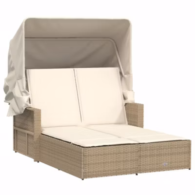Chaise longue double avec auvent et coussins beige poly rotin vidaXL