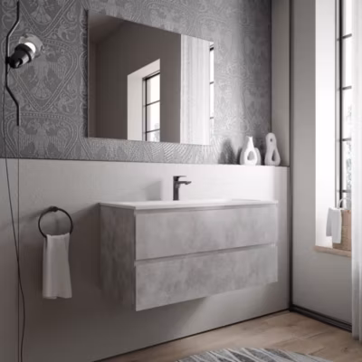 Meuble vasque suspendu MDF aspect béton, lavabo fonte Blanc mat + trou robinet – 100x46x50cm – AVA CREAM
