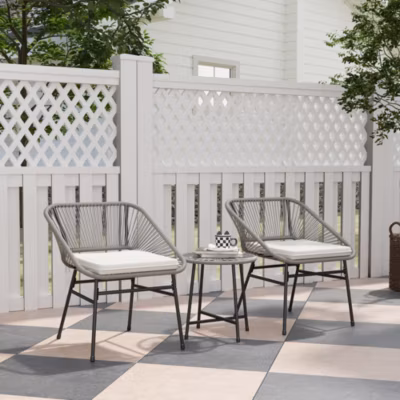 Bistro Extérieur 2 Places, Chaises Coussinées et Table d&rsquo;Appoint, Résine Tressée, Mobilier Terrasse/Balcon/Jardin, Gris