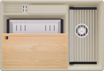 PRIMAGRAN Evier Cuisine en Granit Beige 78x53cm, Lavabo 2 bacs + Kit de Vidage + Accessoires, Évier à Encastrer au meuble 80cm