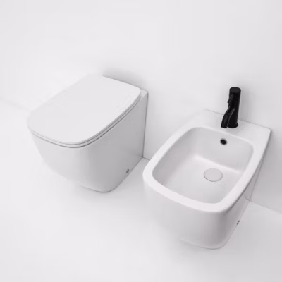 Paire De Bidet Et Wc Sur Pied Blanc Mat Avec Couvercle De Toilette