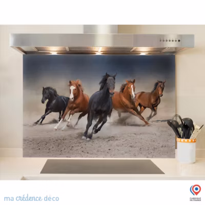 Crédence cuisine fond de hotte Chevaux – Alu composite – L 60 cm x H 45 cm – MaCrédenceDéco