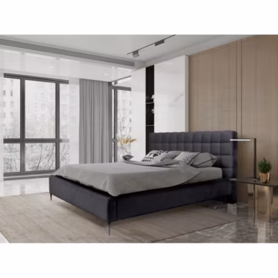 Lit MILLIO  Noir  160×200 cm  Tissu chenille bouclé  Sommier inclus  Confort hôtel 5 étoiles