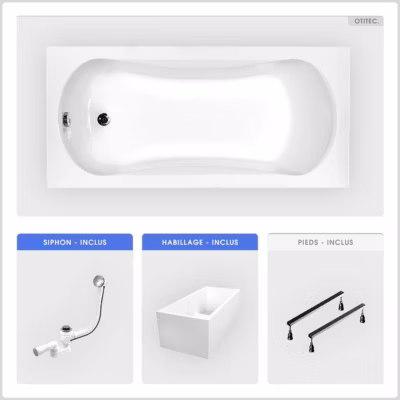 Baignoire rectangulaire – 140 x 70 cm – avec Habillage Polystyrène – Pieds – Vidage Chrome – ARIA