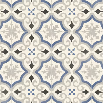 Sol PVC Textile motif carreaux de ciment Bleu et gris – Echantillon 15 x 20 cm