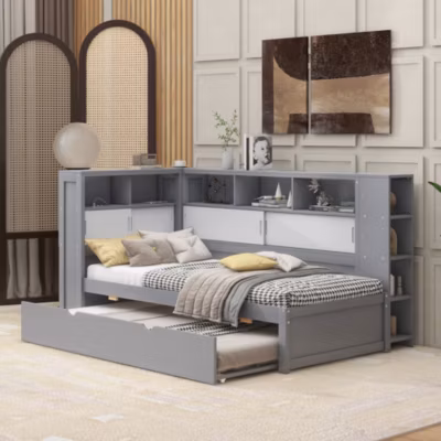 Canapé-lit 90×200 cm convertible avec lit gigogne 90×190 cm et grands rangements, finition grise