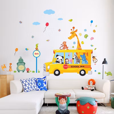 Stickers Muraux décoration adhésifs bus et animaux rigolos
