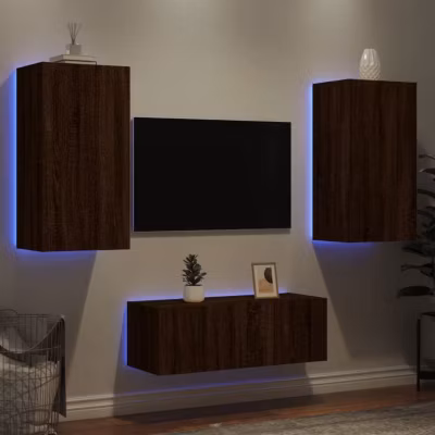 vidaXL Unités Murales TV avec LED 4 pcs, Armoires de Télévision Suspendues, Meubles Télé Flottants, Moderne, Chêne Marron 3216824