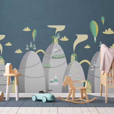 Stickers montagnes scandinaves montgolfières en compétition 90 x 135 cm