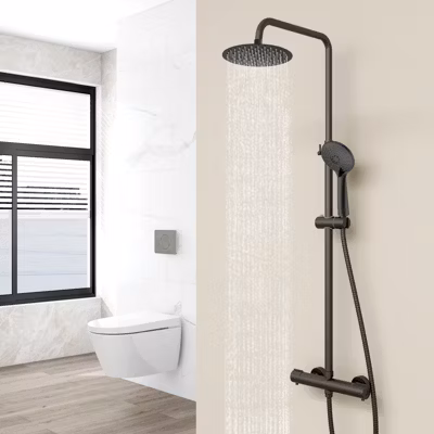 AICA Colonne de douche thermostatique noire mate, avec douche de tête ronde et douchette à main réglable en plusieurs modes