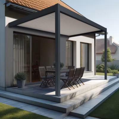Pergola bioclimatique Xenon perpendiculaire (Vérin à Télécommande + LED 3 côtés – Gris anthracite / Blanc – 3,584 x 3,50m)