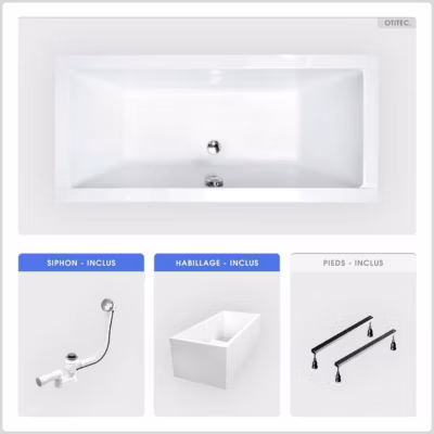 Baignoire rectangulaire – 180 x 80 cm – avec Habillage Polystyrène – Pieds – Vidage Chrome – QUADRO