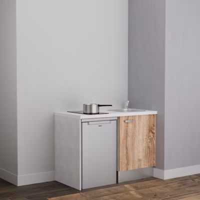 Kitchenette K08 – 120 cm – Façades : Bois – Plan de travail : Blanc – Crédences : Non – Evier Inox