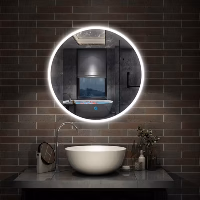 Miroir de salle de bain LED rond de 80cm, dimmable + mémoire + antibuée, avec interrupteur tactile, blanc, AICA SANITAIRE