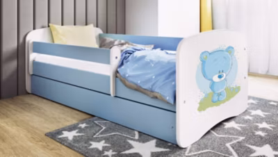 Lit enfant avec tiroir et barrière, matelas inclus – Ourson Bleu Fleuri – 70 x 140 cm