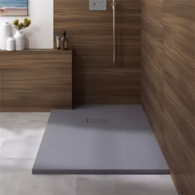 Receveur de douche Kinedo Kinerock Evo 90×90 gris pierre, texture minérale avec grille assortie et bonde extra-plate