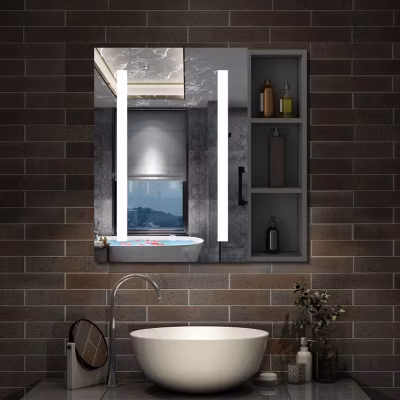 Armoire de toilette avec Miroir LED et Étagère Latérale, Anti-Buée, Éclairage 3 Couleurs + Prise, Anthracite 80×70 cm