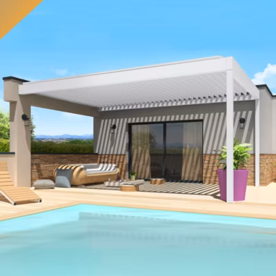 Pergola bioclimatique SPINELLE 4,50×3,937 M Double vérin à Télécommande + LED (Blanc RAL9010)