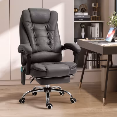 Fauteuil de Bureau Ergonomique avec Massage et Chauffage – Repose-Pieds Intégré, Télécommande Incluse, Polyester, Gris