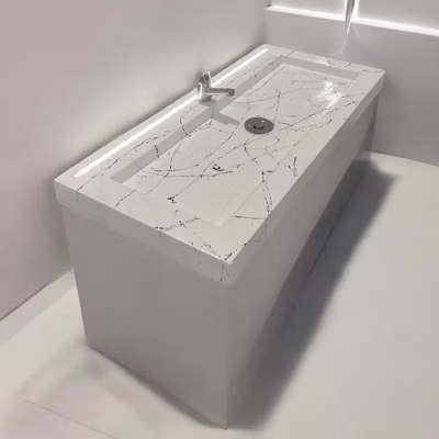 Plan Vasque en béton fibré cimenté blanc effet marbre 80×47 avec LED + capteur de mouvement  simple robinetterie