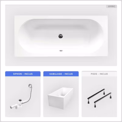 Baignoire rectangulaire – 170 x 75 cm – avec Habillage Polystyrène – Pieds – Vidage Chrome – VITAE SLIM