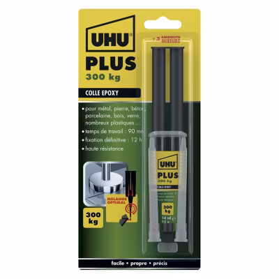 UHU Colle époxy plus – Colle époxy 2 composants, super forte, rapide et précise, serringue, transparent, 15g